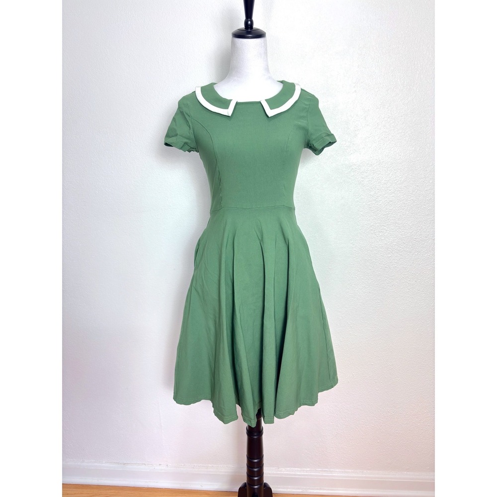 Olive Green Retro 50s Style Knee Length Dress Size Small 40s Academia Rockabilly